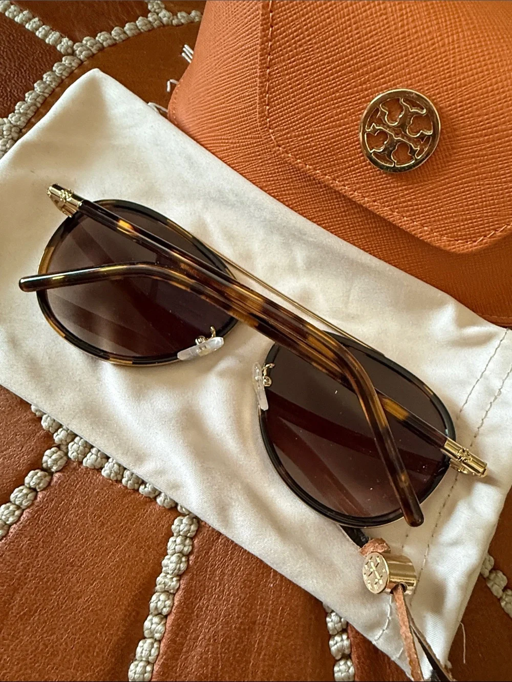 Tory Burch Tortoise & Gold Aviator Sunglasses with Orange Logo Case